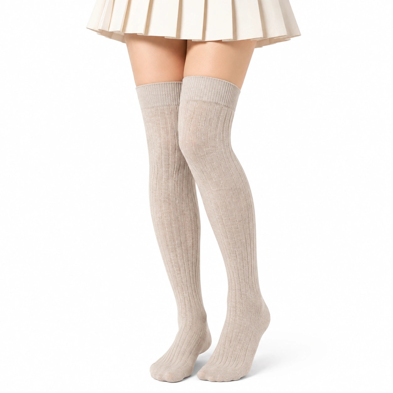 Chaussettes hautes 35-38 beige côtelées extensibles style classique