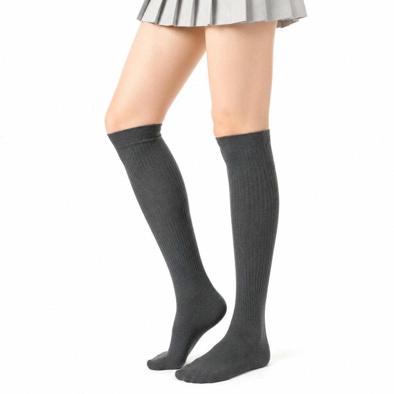 Chaussettes hautes 35-38 en maille côtelée gris anthracite style scolaire