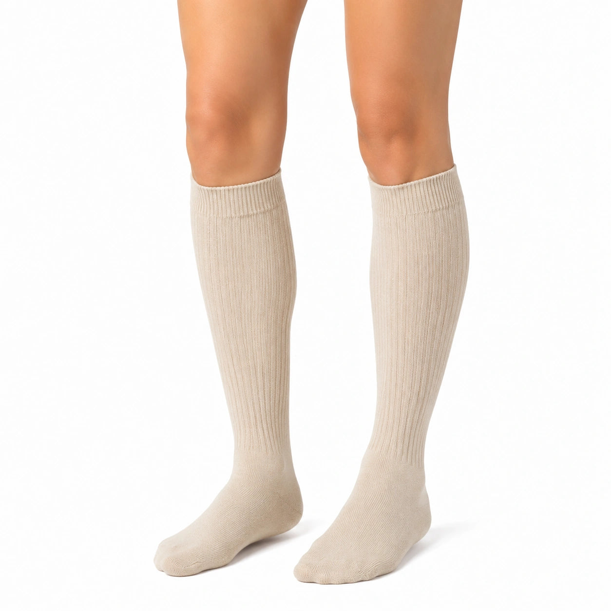 Chaussettes hautes 35-38 en maille beige côtelée style classique