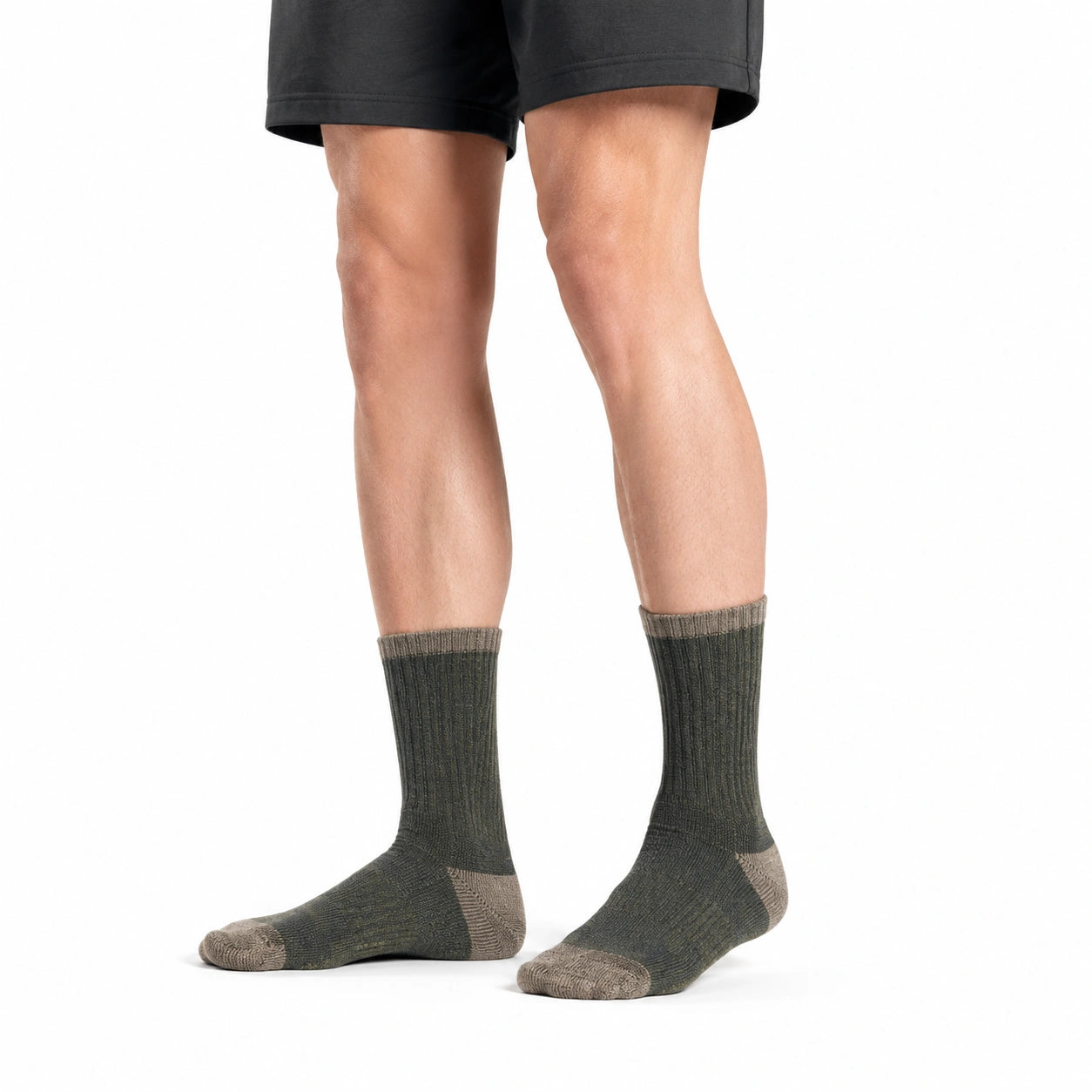 Chaussettes mi-mollet 35-38 en maille textile vert olive et beige style côtelé