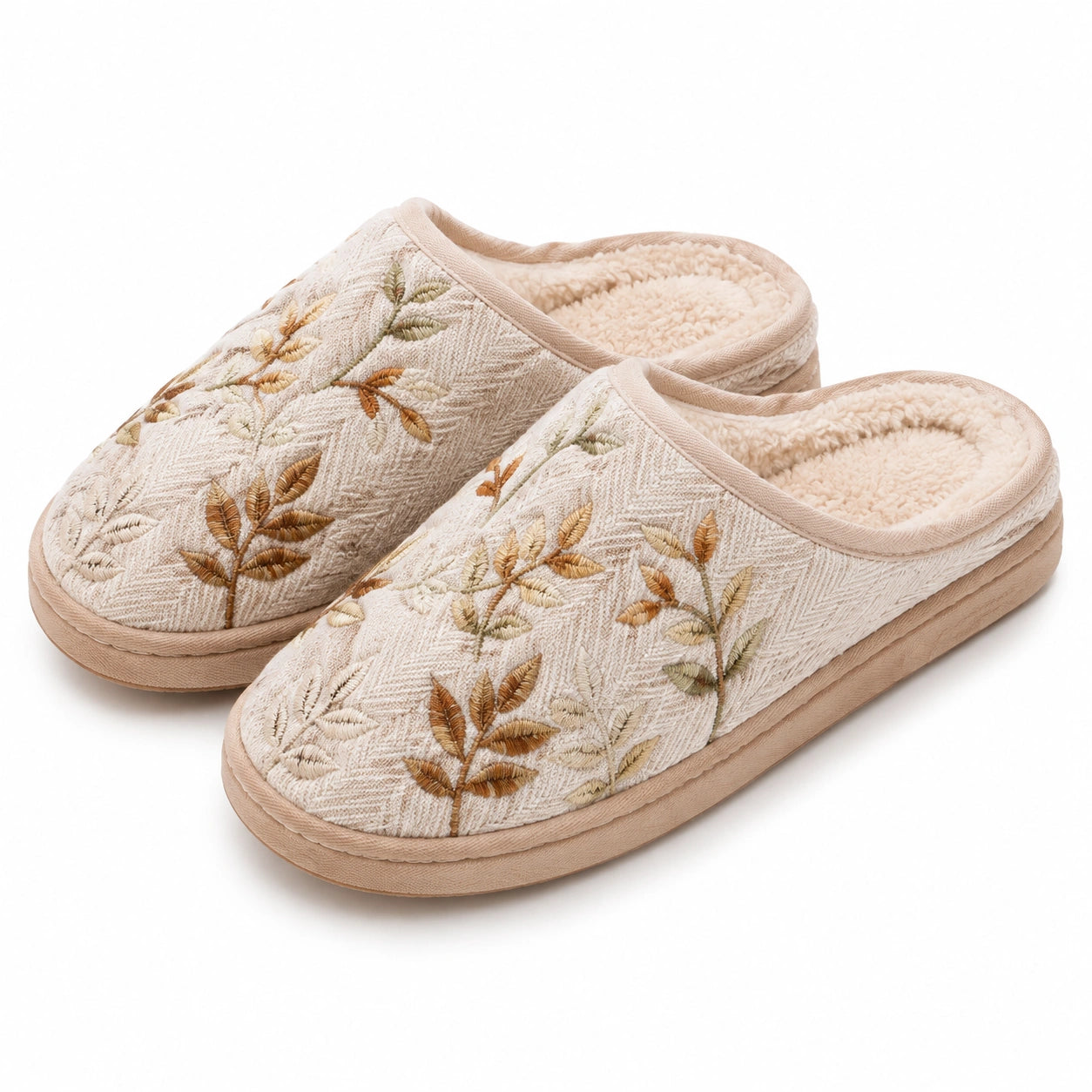 Chaussons 40/41 en textile beige à motif végétal - intérieur doux pour la maison